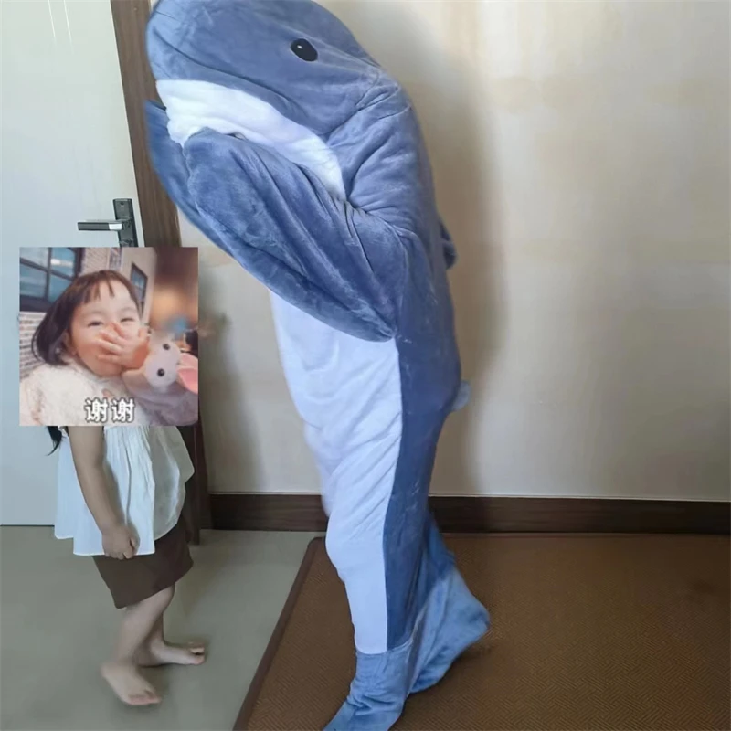 Cute Shark Blanket For Adult Wearable Winter Warm Blanket Hooded Playsuit Funny Sleeping Bag For Slumber Party