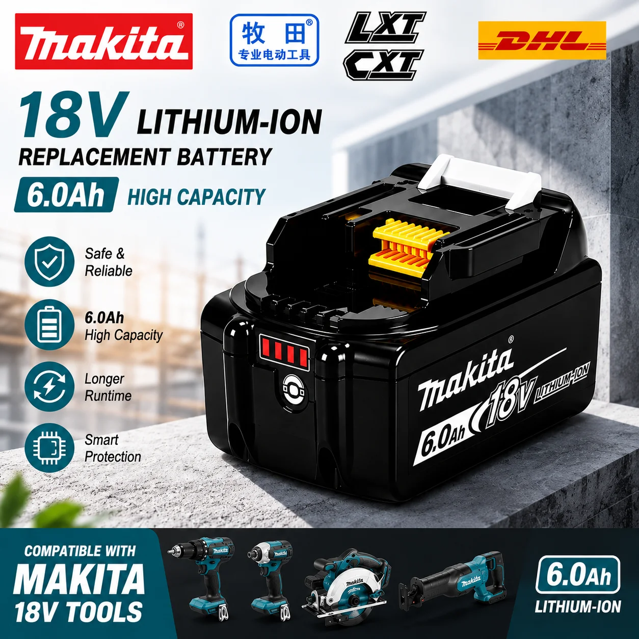 6,0Ah 18V Ersatzakku Kompatibel mit Makita LXT Kabellosen Elektrowerkzeugen, Lange Laufzeit, Hohe Kapazität, Lithium-Ionen-Akku mit Intelligenter Schutzfunktion & LED-Anzeige