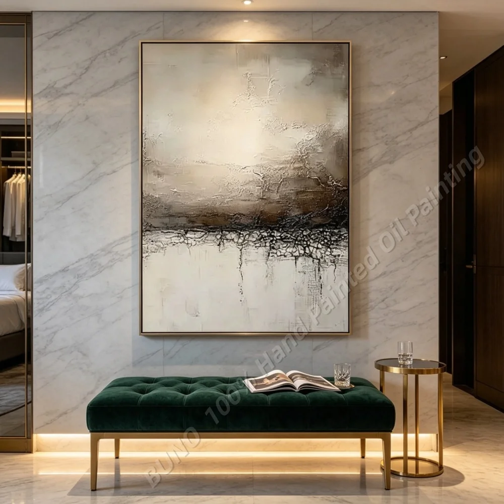 Hand Painted Abstract Oil Painting Original Minimalist Neutral Textured Canvas Wall Art Beige Home Living Room Bedroom Decor