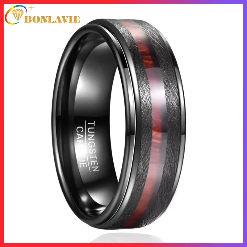 8mm Electroplated Black Finish Lasa Inlaid Wood Grain Edge Steps Men Tungsten Carbide Wedding Rings Polished Comfort Fit Gift