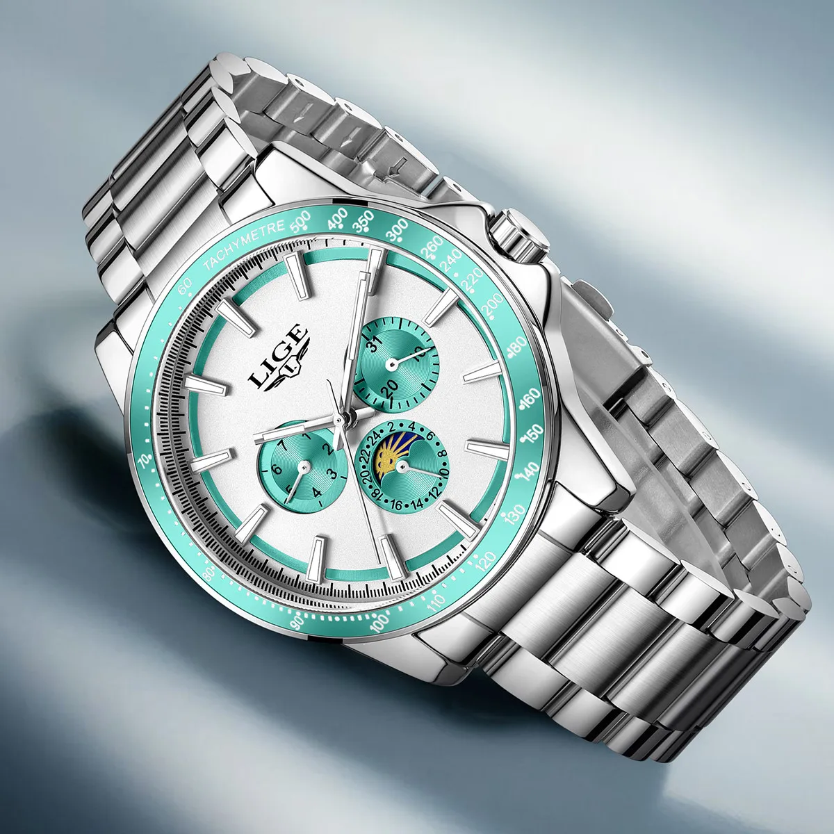 LIGE Men's Quartz Watch Luxury Stainless Steel Man Watch Fashion Moon Phase Luminous Business Chronograph  Watches for Men+Box