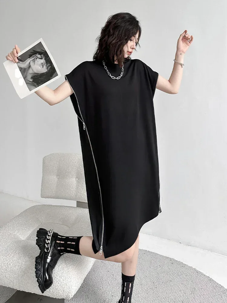 XITAO Black Casual T-shirt Dress Personality Loose Zipper Splicing Bat Wing Sleeve Summer New Street Trendy Women Dress WLD11291