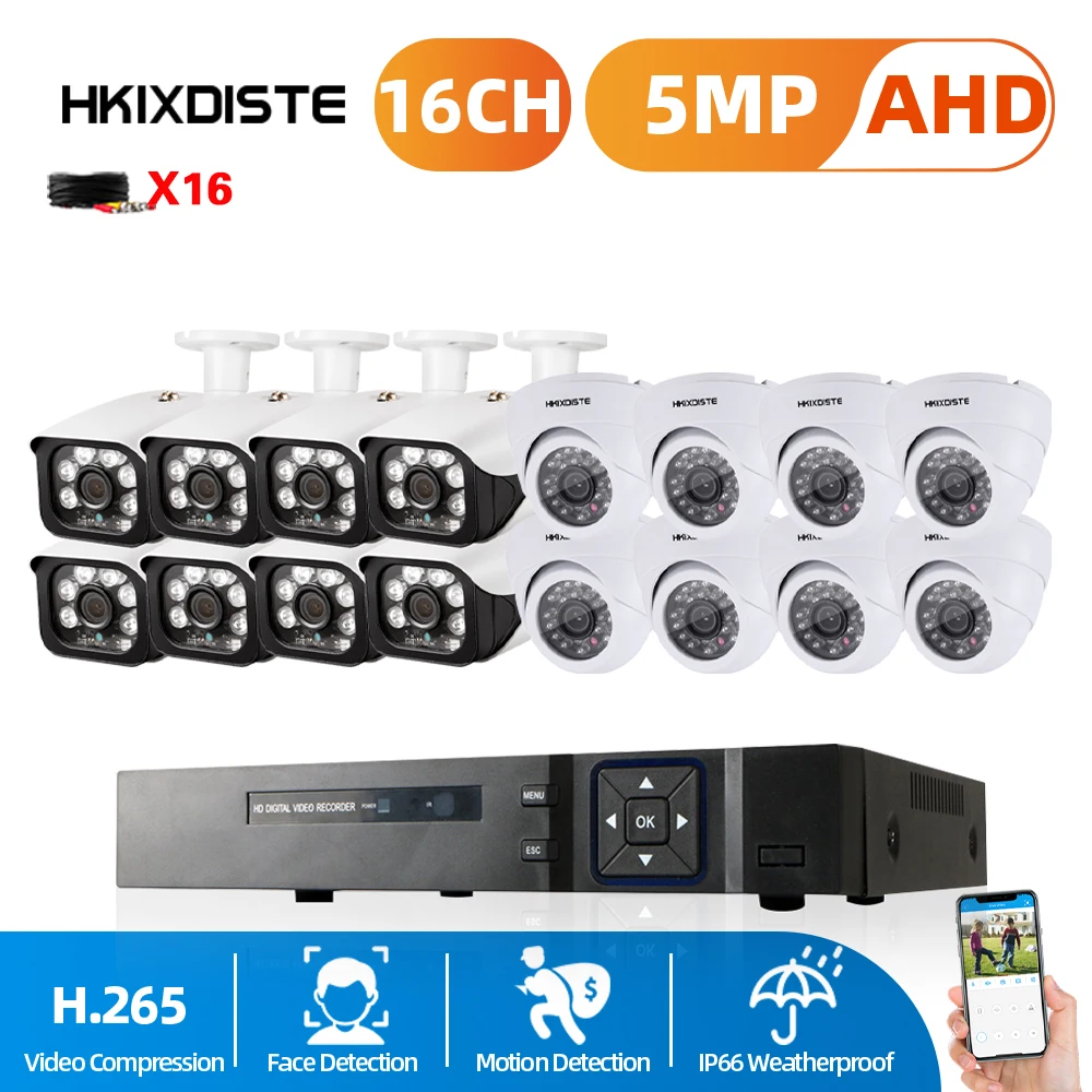 

Комплект видеорегистраторов H.265 5MP 16CH AHD DVR, 16-канальный NVR, уличная водонепроницаемая камера видеонаблюдения BNC, система видеонаблюдения XMEYE, комплект видеонаблюдения 8CH