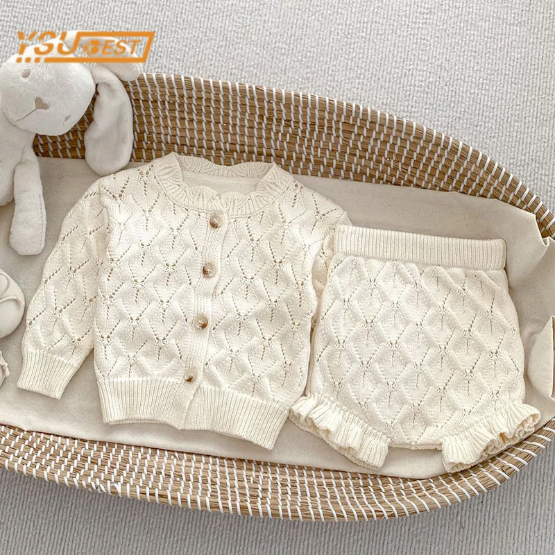 Baby Mädchen lange Ärmel einfarbig aushöhlen Strickjacke Mantel Shorts Kleidung Set Kleinkind Kinder Baby Mädchen Kinder anzug