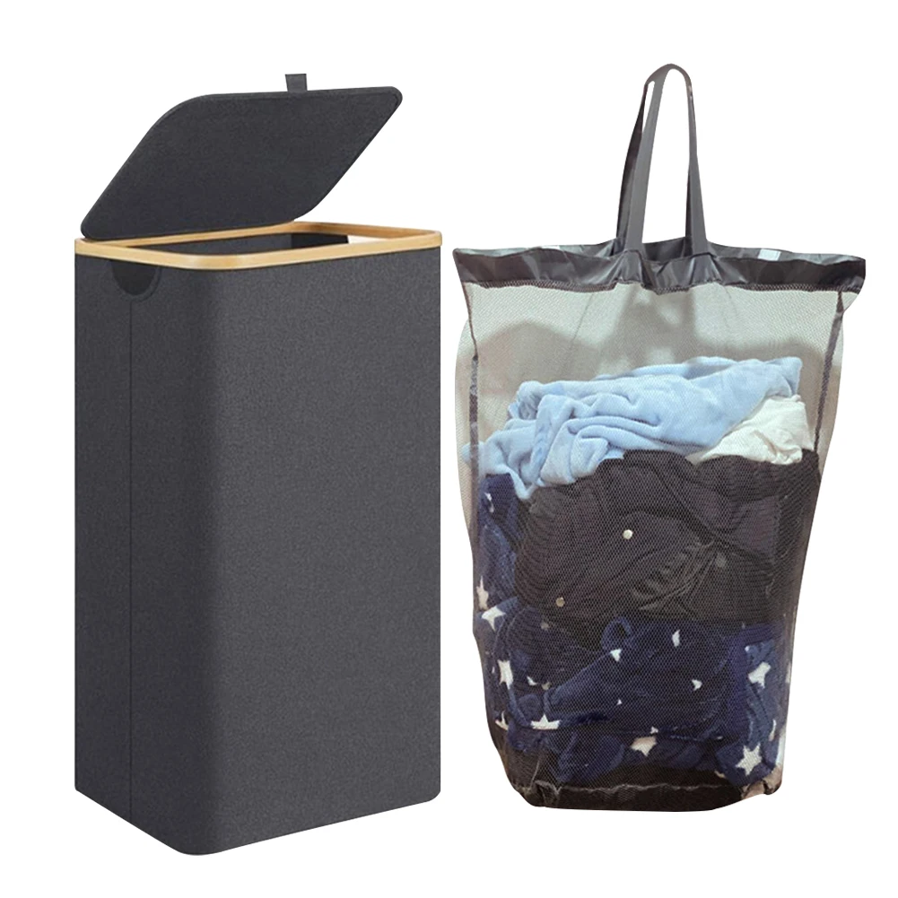 100L Dirty Clothes Basket with Bamboo Handle&Lid Dirty Clothes Container with Removable Liner Bag Fabric for Laundry Room Dorm