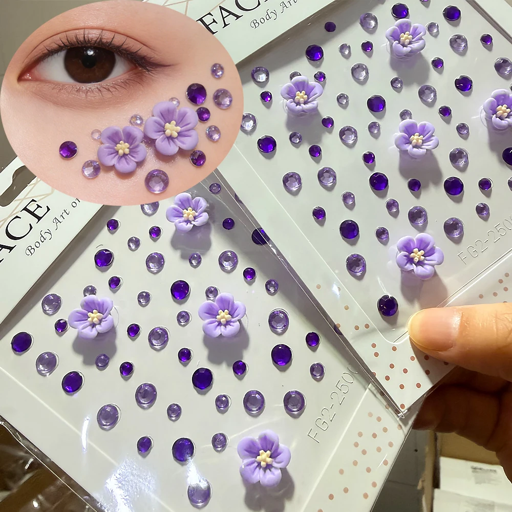 1/2pc 5D Mixed Purple Flower Gems Face Stickers Sparkling Rhinestone&five-petaled Flower Temporary Tattoo Sticker DIY Spring Dec