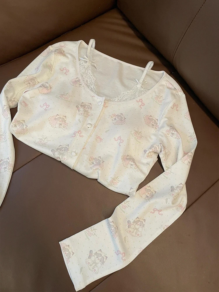 

Korean Sle Cute Print Spwear Set Women's Spring Autumn Long Sve Lace Strap Home Clothes Two-Piece Sweet Cute Sle