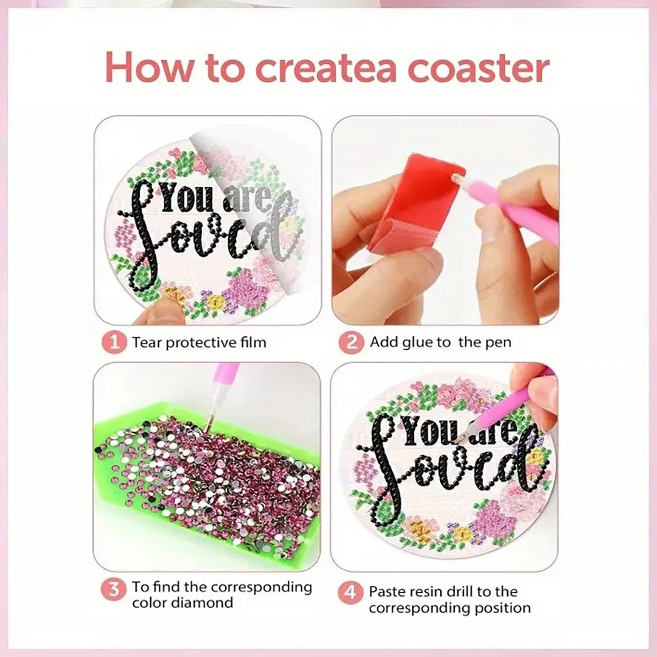 8 pieces/set of DIY coasters with text patterns, diamond paintings, and brackets, suitable for beginners, art and craft gifts