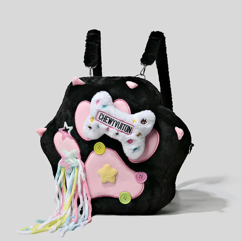 

Exclusive teenage cute shoulder bag in hexagonal shape with unique plush cow fur for going out. Cute cat paw backpack.