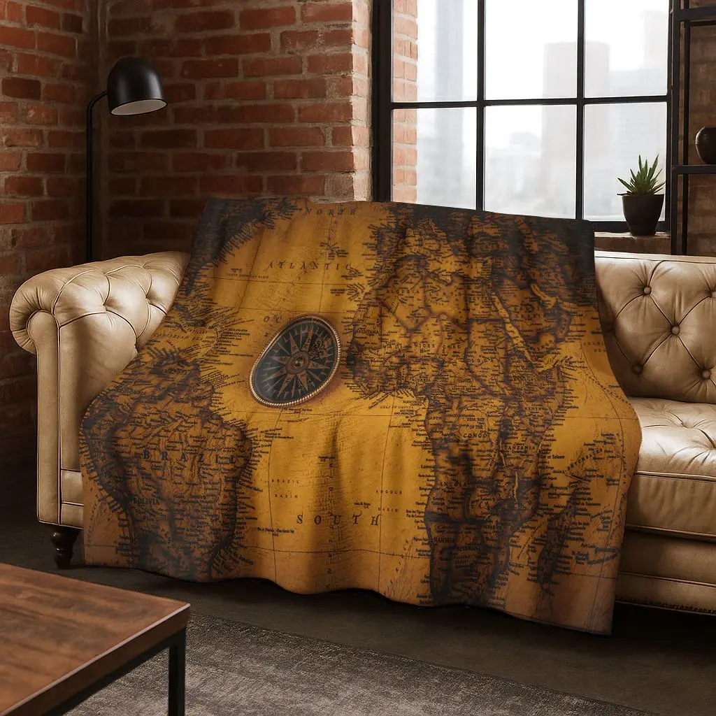 

Retro Nautical Map Chart Treasure Map Compass Flannel Blanket,Cozy Soft Throw Blanket for Home Bedroom Bed Sofa Cover Gift Kids