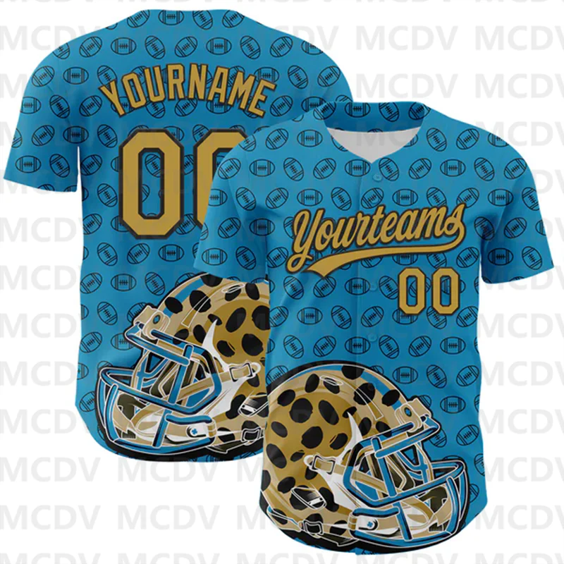 Custom Panther Blue Old Gold-Black 3D Pattern Design Football Jaguar Helmet Authentic Baseball Jersey