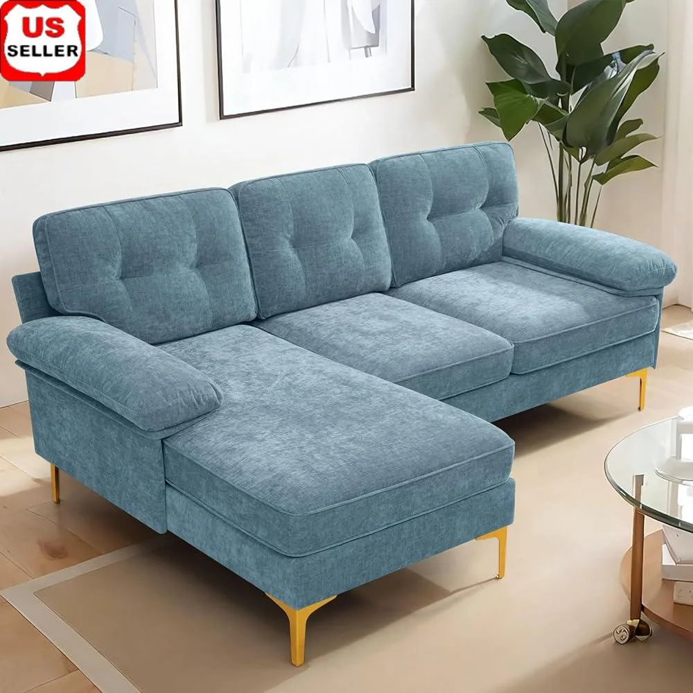 

L-Shaped Couch Chenille Upholstered Sofa Convertible Chaise 3-Seat Living Room Sectional Easy Installation Solid Frame Comfort