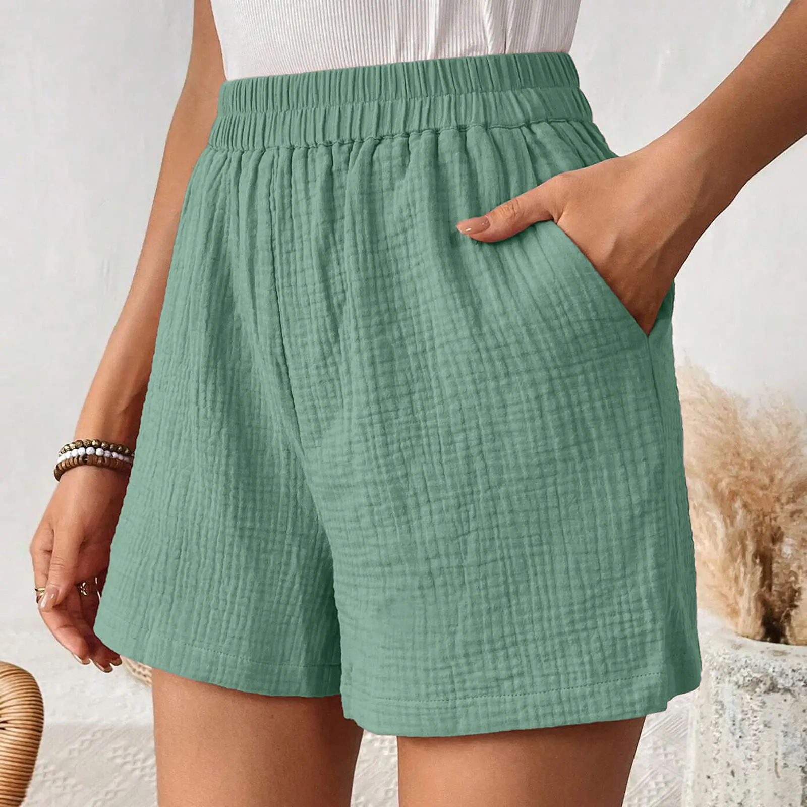 

Women'S Cotton Linen Shorts Double Layered Pleats Hem Straight Leg Casual Pants High Waist Sports Loose Shorts Versatile Pants