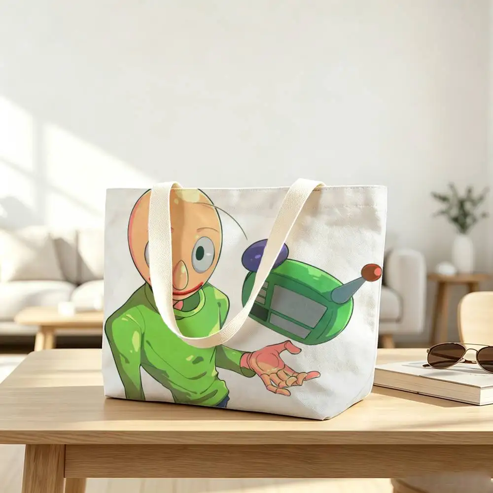 Game Baldi's Basics Print Canvas Tote Bag Handbag For Daily School Commute Casual Shoulder Bag