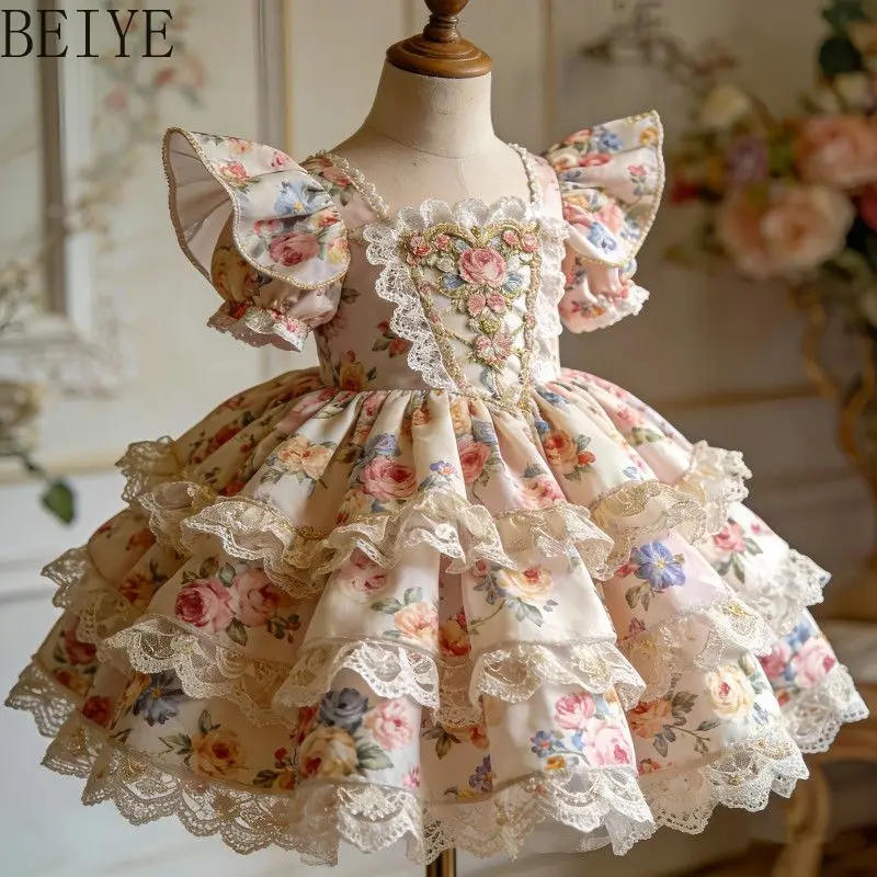 

Girls' Lolita Summer Dress New Kids High End Heavy Floral Print Puff Sleeve Lace Birthday Party Ball Gown Casual Dresses