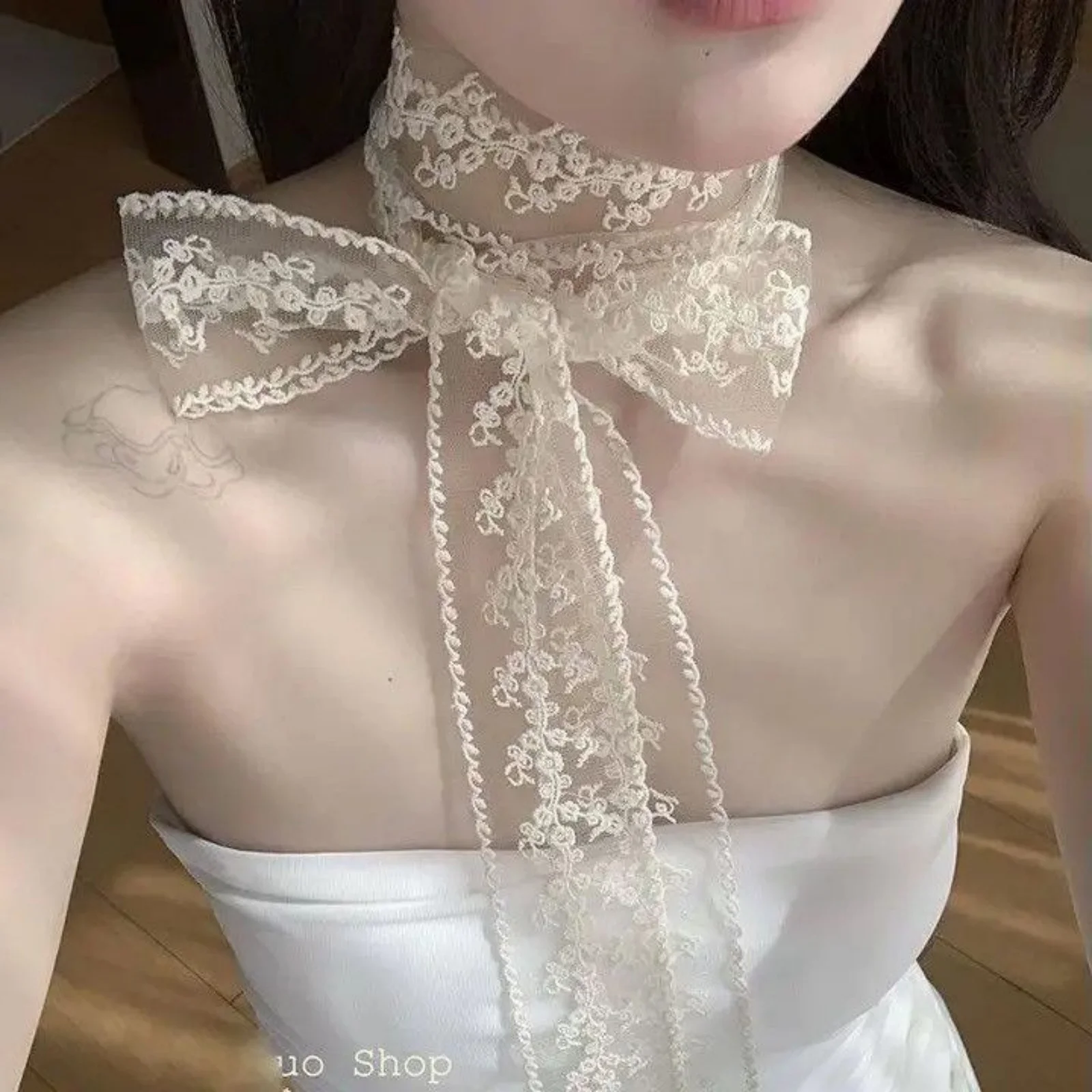 Korean Ins White Lace Ribbon Scarf For Women Spring Elegant Long Silk Scarf Fashion Neck Band Stylish Decorative Neck Accessorie