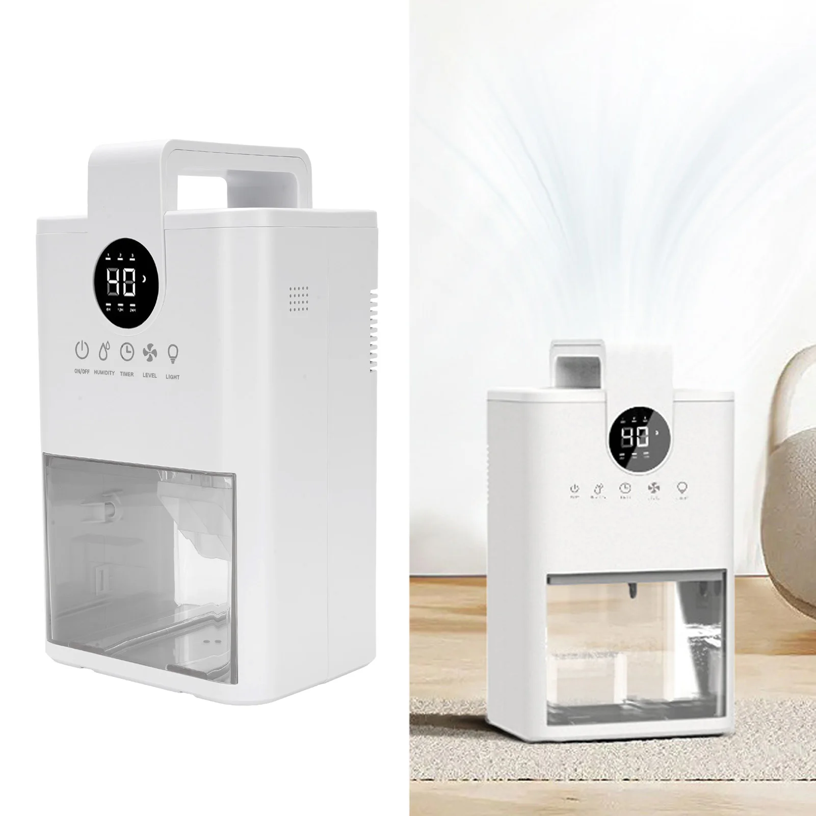 Desumidificador pequeno para casa, tanque de água de 1l, silencioso, umidade personalizável, 6h, 12h, 24h, temporizador, desligamento automático, luz noturna colorida para quarto