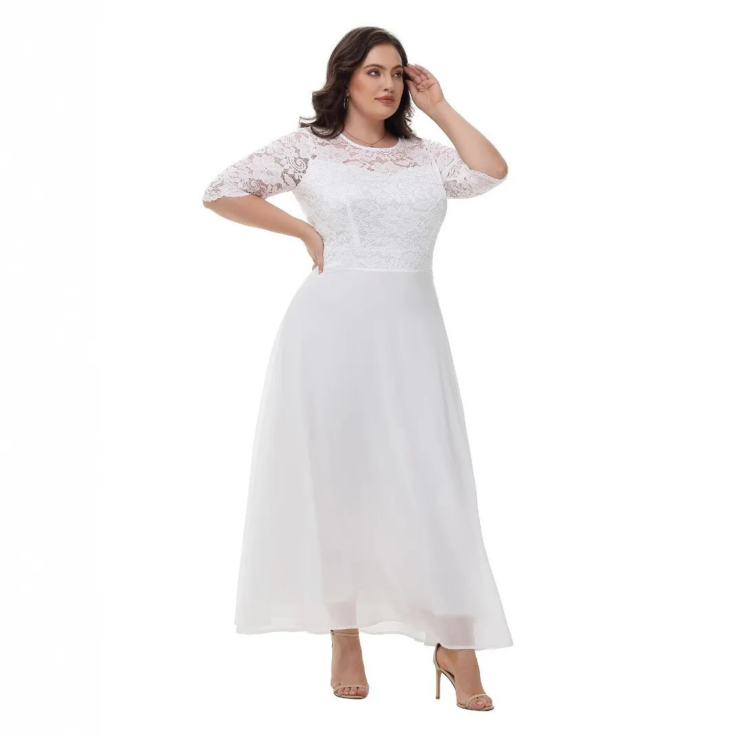 Plus Size Women's New Lace Chiffon Patchwork Dress Elegant Fashion Formal Occasion Long Bridesmaid Evening Party Dress 2024 New