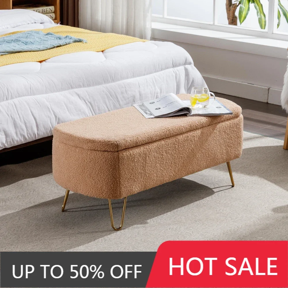

Ottoman Bench, End of Bed Bench with Gold Legs, Padded Bench with Storage for Living Room, Bedroom, Entryway (Camel)