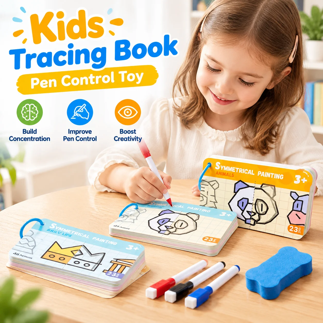 Kids Reusable Tracing Book Pen Control Toy with Symmetric Drawing Cards Erasable Practice Paper for Concentration Training Fun