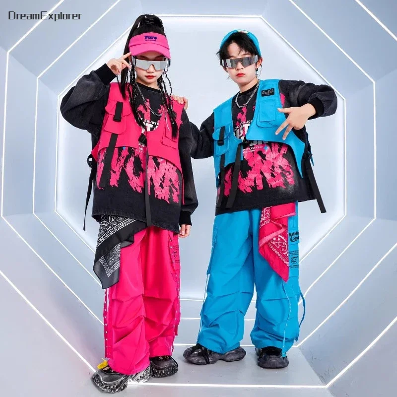 Boys Hip Hop Vest Sweatshirt Colorful Cargo Pants Girls Street Dance Clothes Sets Kids Jazz K-pop Costumes Children Streetwear