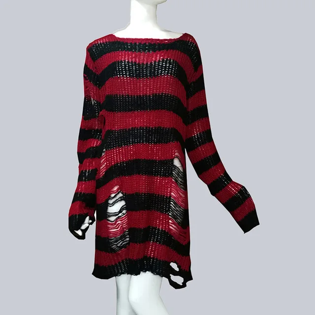 Karrcat Grunge Harajuku Striped Knit Sweater Women Y2K Streetwear Hole Broken Jumper Loose Purple Sweaters Punk Gothic Clothes