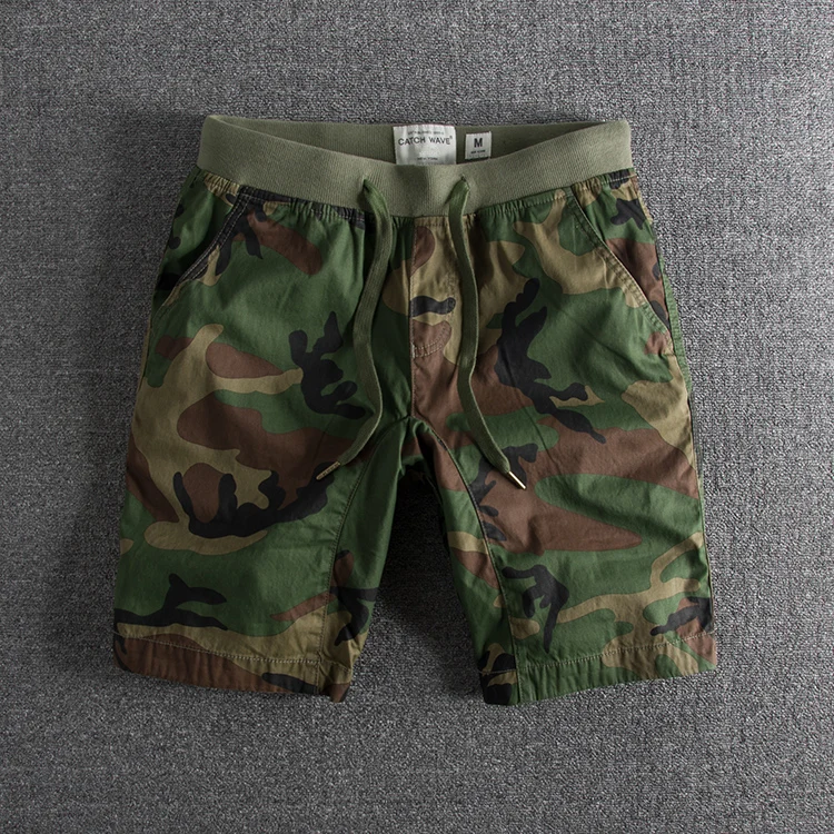 Washed Camouflage Shorts Men's Casual Style Belted Loose Fit Youthful Summer Fashion Straight Leg Workwear Knee-Length