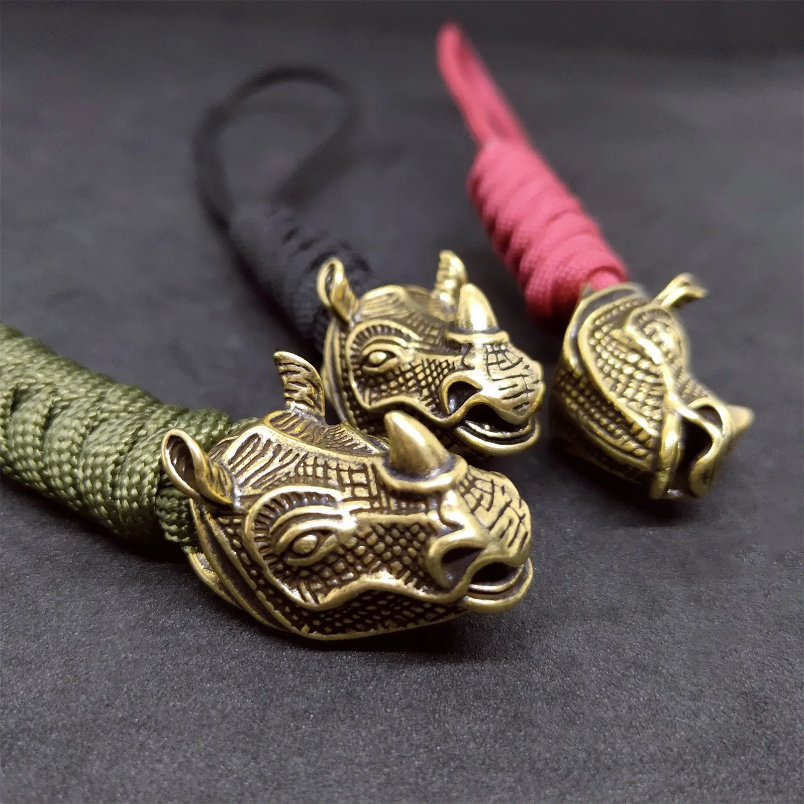 Paracord braided pendant Retro Brass Rhino head DIY Lanyard Knife bead Ornaments Bag hanging Rope Handmade