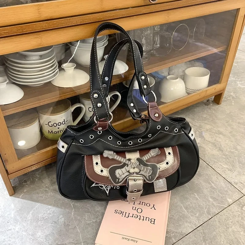 Women's Vintage Distressed Denim & Faux Leather Patchwork Bag | Rivet-Embellished Buckle Shoulder & Underarm Handbag