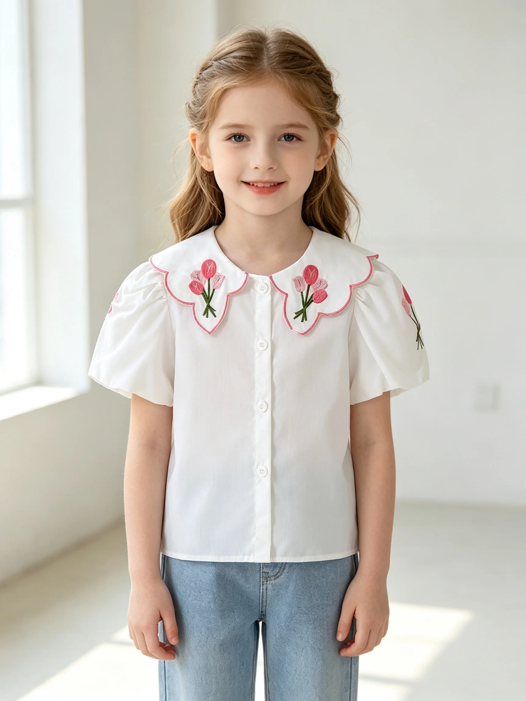 Summer Girls' Tulip Embroidered White Shirt With Petal Big Collar And Bubble Sleeves Single Breasted Short Sleeved Top