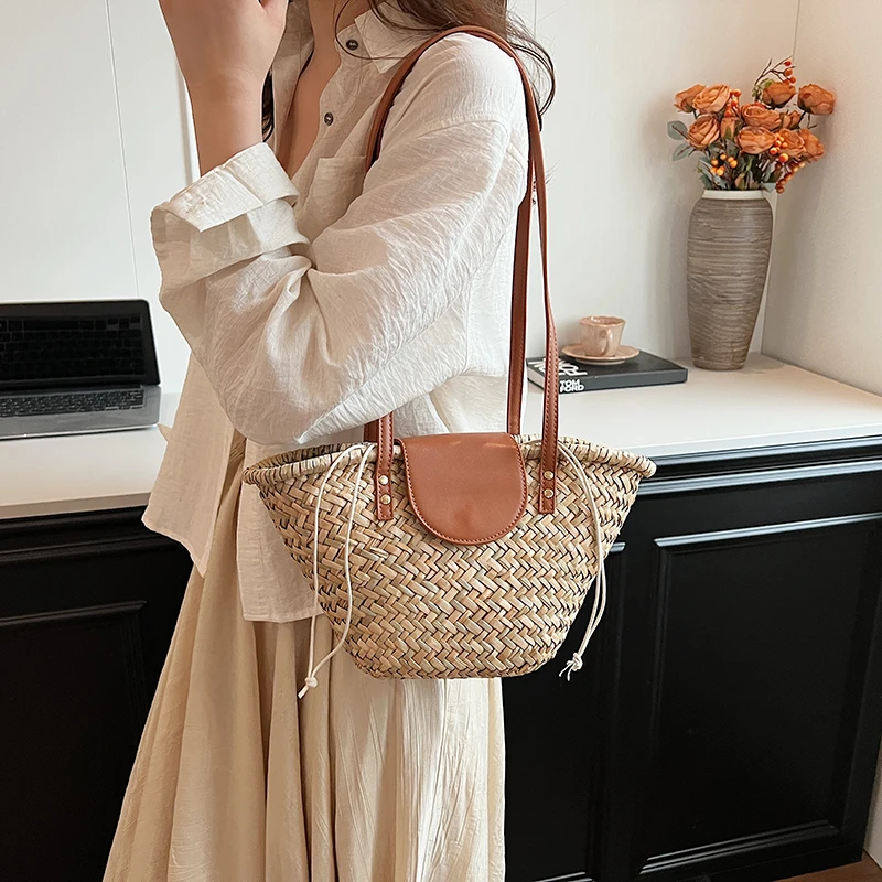 Designer Straw Bag For Women Handmade Woven Handbag Rattan Bag 2024 Summer Beach Shoulder Bag Female Basket Shopper Bags