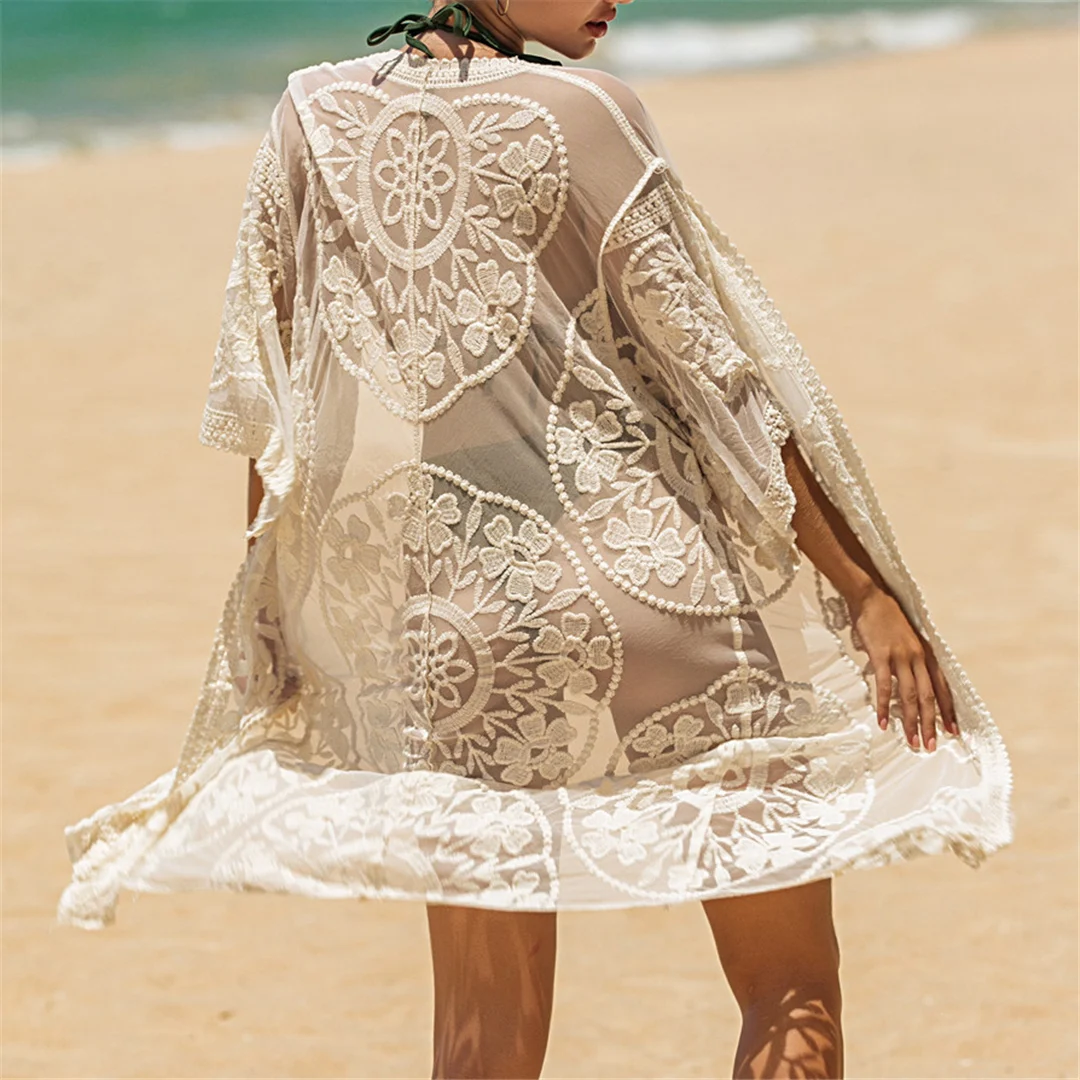 Sexy 3-Farben-Spitzenstickerei-Häkel-Strick-Tunika, Strand-Überwurf, Strandkleid, Strandmode, Damen V4065 – Detail 26