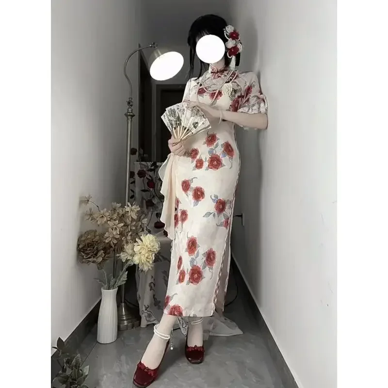 Styl gotycki nadruk w róże koronkowe szwy rozcięcia po bokach sukienka w stylu qipao kobiety ulepszone sukienki Lolita w stylu chińskim Qipao Vestidos