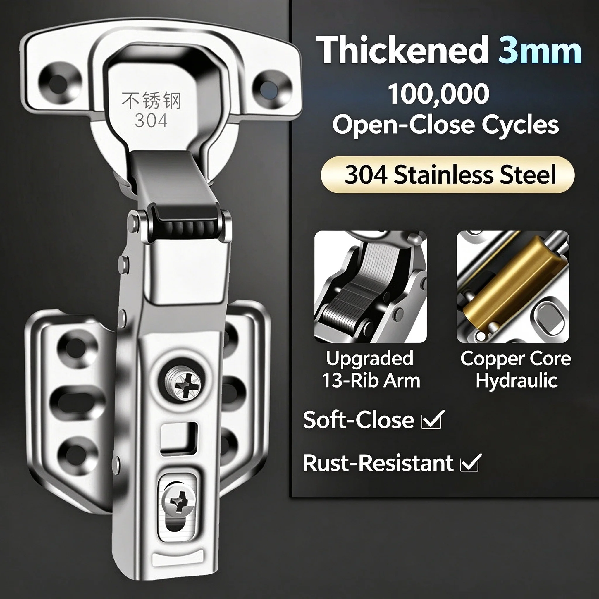 304 Stainless Steel Cabinet Hinge Hydraulic Soft Close Cupboard Wardrobe Door Buffer Hinge Full Half Overlay Hardware