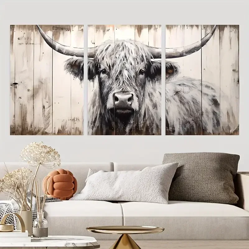 Large Rustic Farmhouse Animal Diy Diamond Painting 3pcs Vintage Highland Cow Wall Art 5D Full Mosaic Diamond Embroidery Triptych