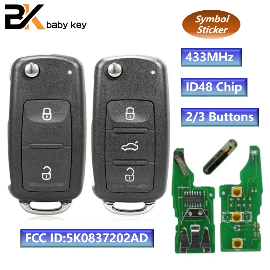 

BB Key for VW Beetle Tiguan 2011 2012 2013 2014 2015 2016 433MHz ID48 Chip FCC ID:5K0837202AD 2/3 Buttons Remote Key Volkswagen