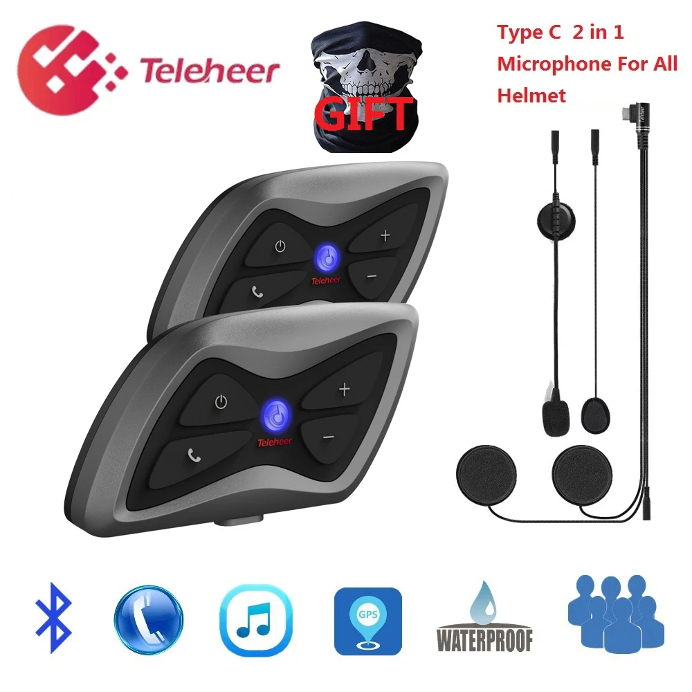 

Teleheer T6 Plus Motorcycle Helmet Bluetooth Headset Intercom 1500M 2 Riders Interphone Communicator Waterproof Intercomunicador