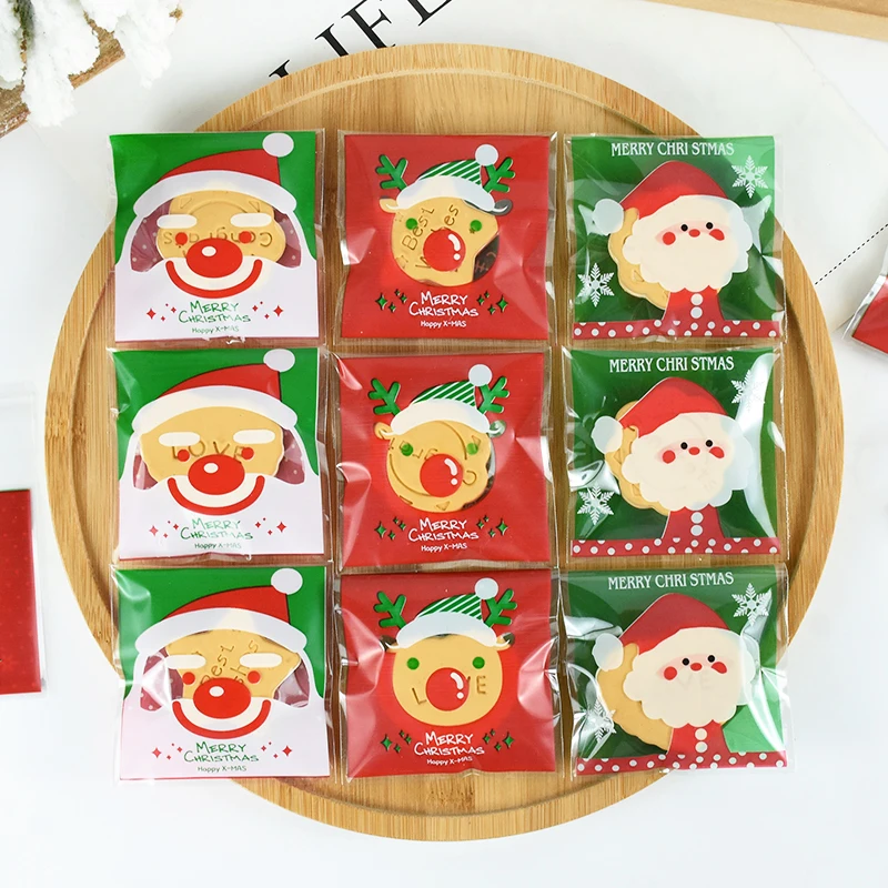 50/100pcs Christmas Candy Cookie Bag Plastic Self-adhesive Gift Bag Biscuits Snack Baking Packaging Bags Xmas Party Favors Decor