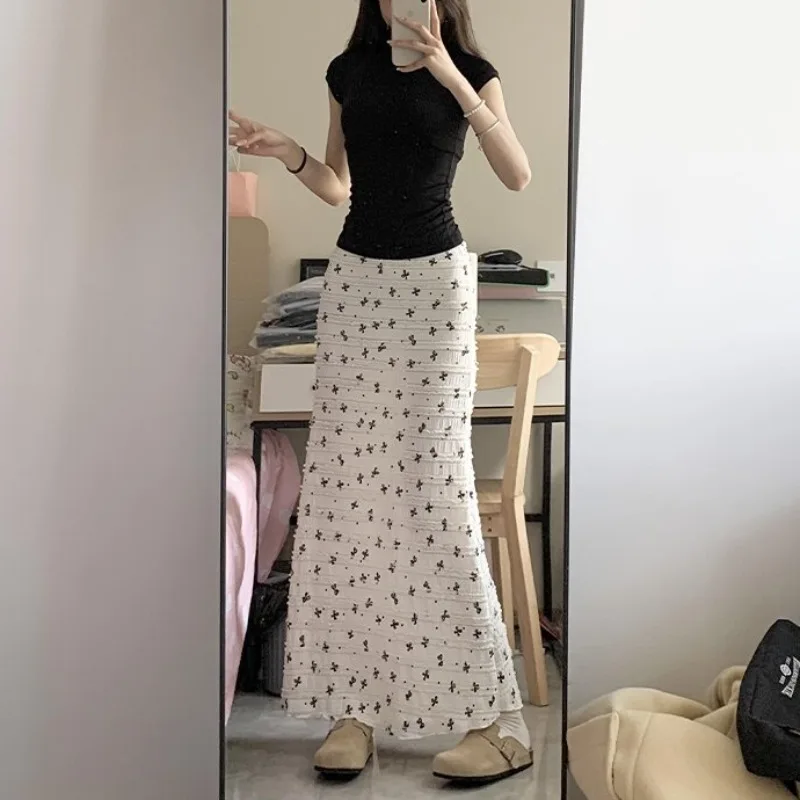 Korean Style Half-length Bow Floral Print Women's Skirt Bodycon Fish-tail Long Dress Spring 2025 New Arrival Petite...