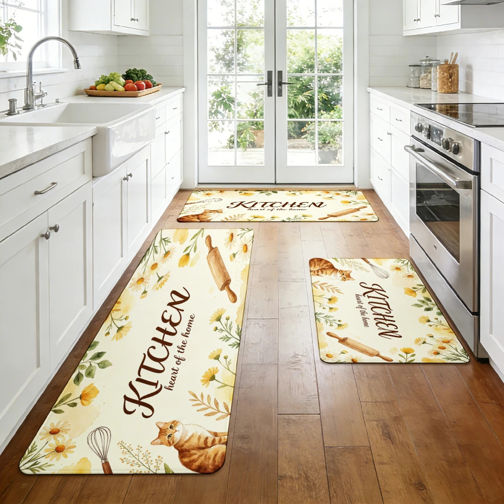 Cream Base Watercolor Daisy Cat Kitchen Utensil Letter Runner Rug, non-slip carpet, fresh floral pet mat kitchen aisle entryway
