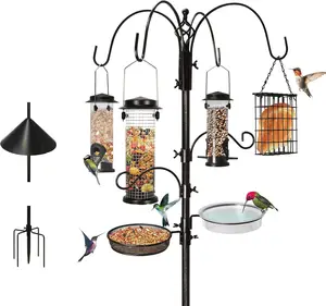 94-Inch Steel Bird Feeder Station with 4 Feeders, Bath, Tray & Squirrel Guard for Wild Birds