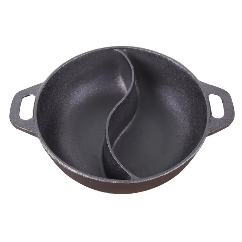 Cast Iron Hot Pot with Divider 2 Grids Chinese Style Casserole for Kitchen Cooking