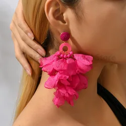 Boho Printed Fabric Flower Petal Decor Dangle Earrings For Women Luxury Elegant Handmade Bead Tassel Exaggerated Pendant Jewelry
