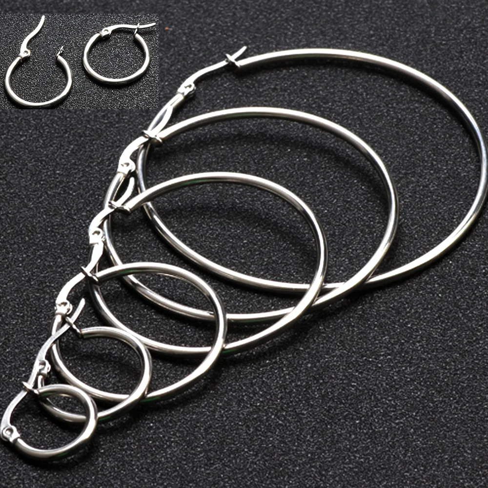 

1Set Stainless Steel 15-60mm Minimalist Big Circle Hoop Earrings For Women Trendy Metal Smooth Round Earring Jewelry Accessories
