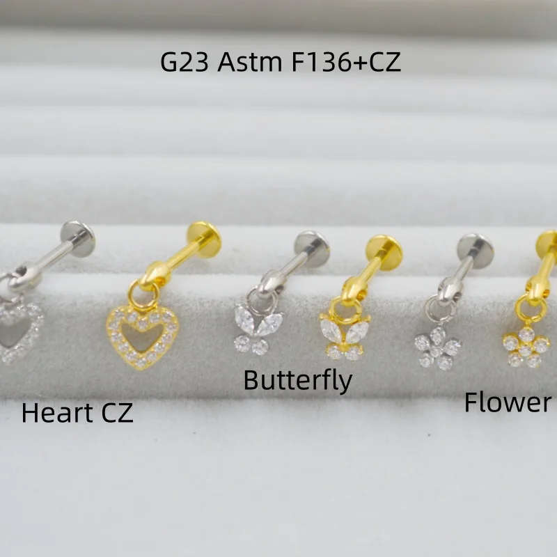 10pcs 16G G23 Titanium Flower Heart CZ  Internal Thread Lip Labret Bar Ear Helix Tragus Rook Bar Body Piercing Jewelry