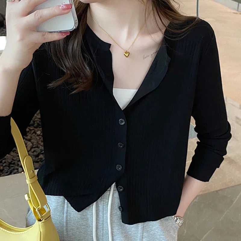 

2025 укороченные кардиганы с длинными рукавами, женская тонкая трикотажная верхняя одежда, однотонные весенне-летние свитера с круглым вырезом, корейская модная одежда
