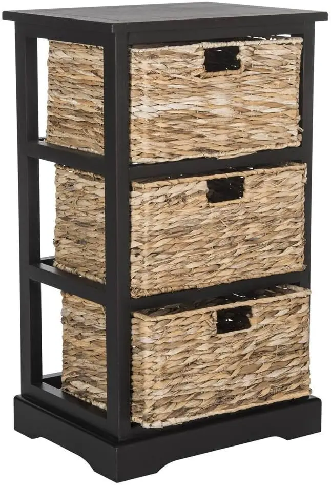 Three Tier Side Table Storage Cabinet Corner Accent Table With Three Wicker Storage Baskets Fully Assembled Organizer Stand For Living Room Entryway Cottage Distressed Black