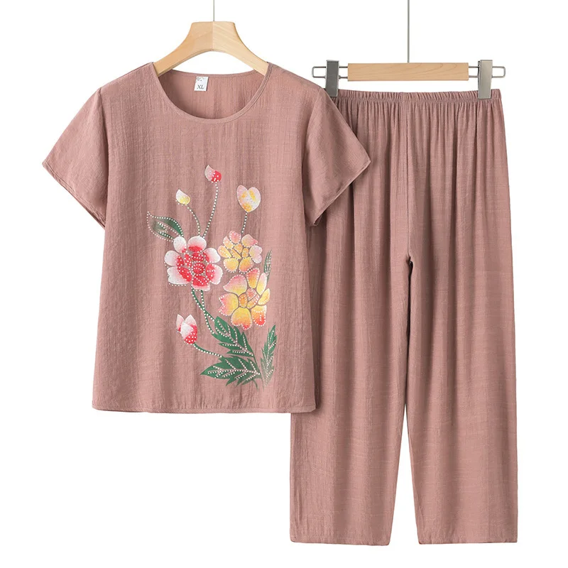 Summer Women Clothing Middle Aged Mother Short Sleeved Cotton Linen Sleepwear Set Printed Large Size Grandma Pajamas Suit 4XL