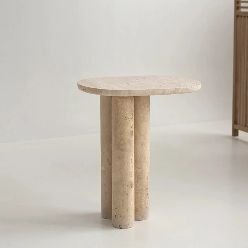 Light  Cave Stone Living Room Sofa Side Table, Wabi-sabi Style Balcony Minimalist Marble Side Table Bedside Table