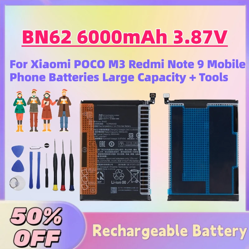 

High-Performance New BN62 6000mAh 3.87V Battery for Xiaomi POCO M3 Redmi Note 9 Mobile Phone Batteries Large Capacity + Tools
